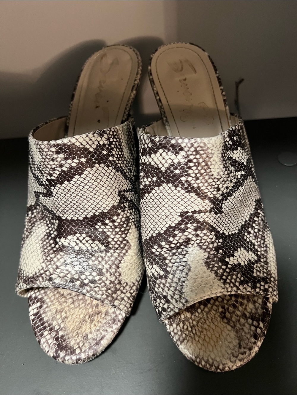 Seven7 Snake-Print Open-Toe Slide Mules in Beige & Brown
